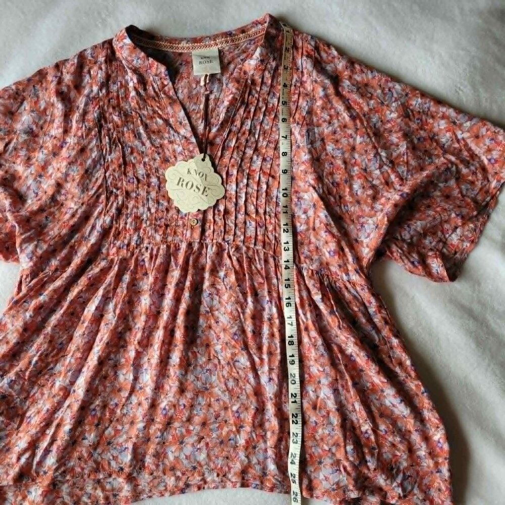 Knox Rose Rebel Red Floral Pintuck Peasant Blouse Size L Boho Top NWT - Picture 9 of 11